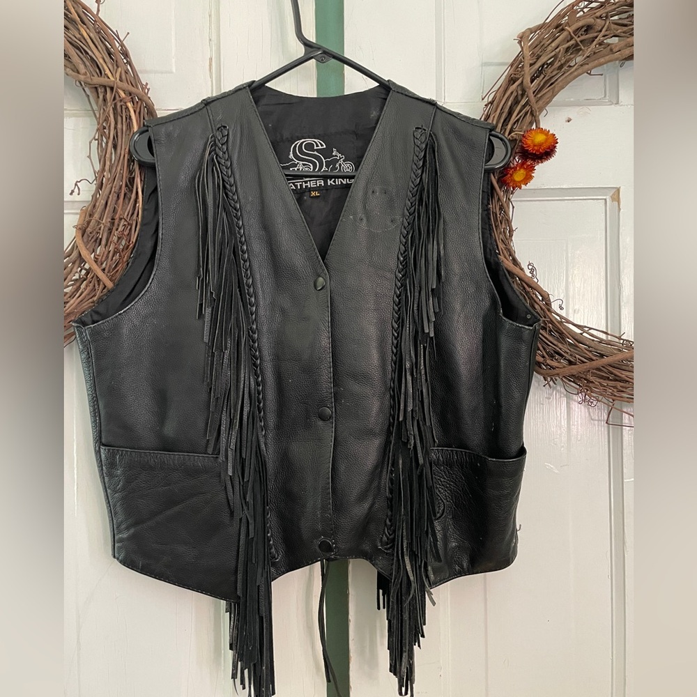 Leather King Vintage Black Fringed Leather Biker Vest Women's Size XL